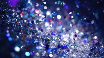Obraz premium Detailed macro photograph of silver and blue confetti sparkling and exploding outwards creating a festive abstract background.
