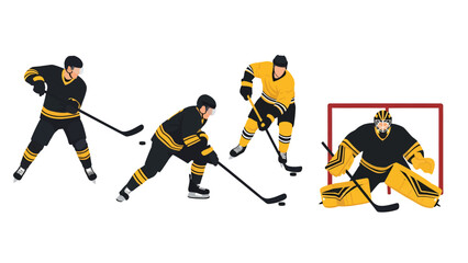 Ice Hockey Action Composite Players Skating Stickhandling Shooting and Goalie Defending Net