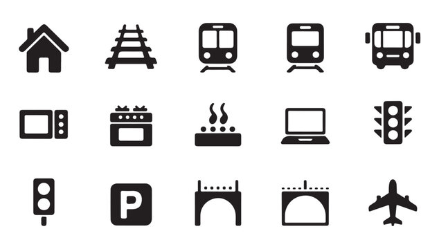 Urban transport and infrastructure icons including train bus bridge and traffic signal set