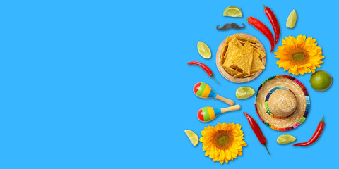 Obraz premium Cinco de Mayo, Colorful decorations feature snacks, traditional items