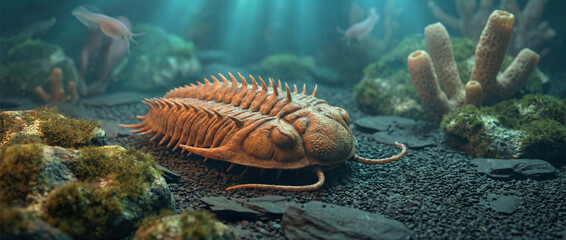Ancient marine trilobite rests on the ocean floor in prehistoric habitat A prehistoric trilobite resting on the ancient seabed underwater