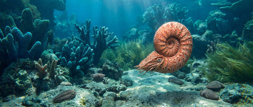 Ancient ammonite swims in a vibrant marine coral reef environment