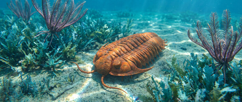 A prehistoric trilobite rests on the ancient ocean floor