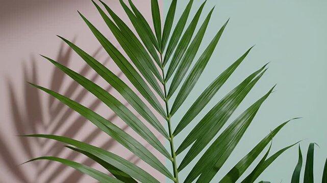 Close-up of a tropical palm frond with long slender leaflets extending from a central rachis against a pale blue wall