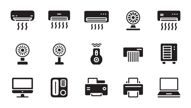 Office electronics and air quality appliance icon collection with computer and printing gear
