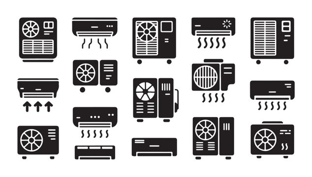 Air conditioner black glyph icons set, split system outline pictogram collection, home cooling