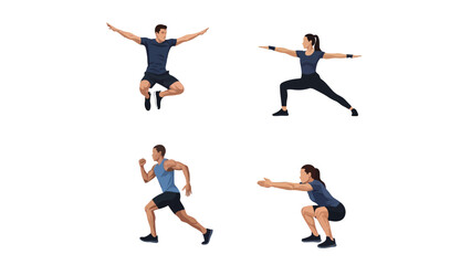 Active Diverse Couple Performing Fitness Exercises and Sports Training Poses on White Background