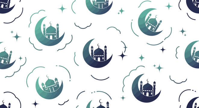 A seamless pattern of crescent moons mosques stars and cloud outlines against a white background