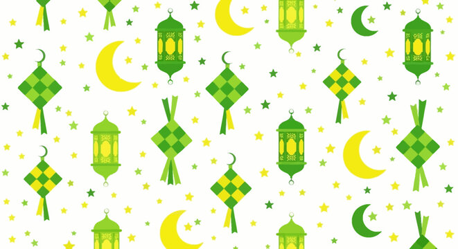 White background with green and yellow motifs including moons lanterns stars and diamond shaped designs