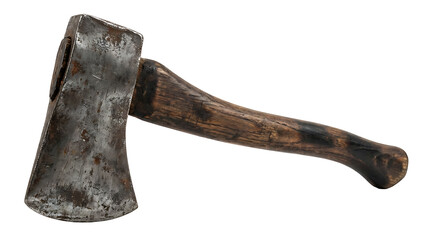 Well-used metal axe with a sturdy wooden handle, showing wear and rust detail Isolated transparent