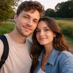 Fototapeta premium Happy young couple smiling outdoors in golden hour sunlight with natural greenery and casual fashion