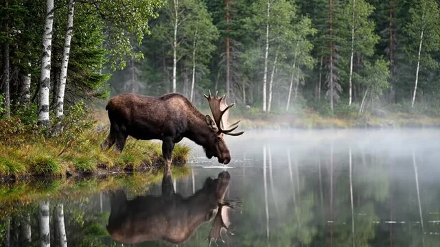 A large moose stands at the edge of a calm forest lake during early morning, with mist rising from the water and tall evergreen trees in the background.