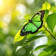 Vibrant green butterfly perched on leafy branch in nature beautiful insect photography