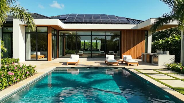 A modern residence house with solar panels installed on the roof and a swimming pool at beautifully designed backyard