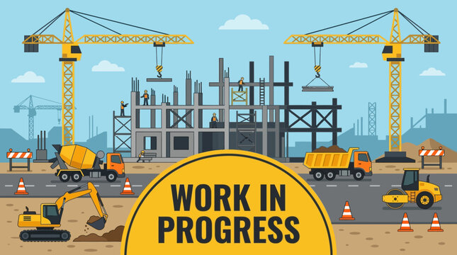 Construction site with cranes, excavators, concrete mixer, and trucks labeled 'Work in Progress'