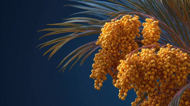 closeup date palm fruit clusters ripe golden against deep blue predawn sky mosque minaret faint background, hyper-detailed ultra-realistic stock photography