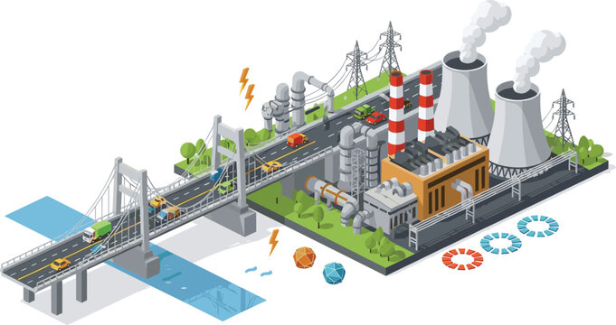 Isometric industrial power plant building with cooling towers near a suspension bridge and busy highway road vector