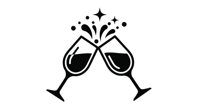 Simple black vector illustration design featuring two champagne glasses clinking together in a celebratory toast graphic