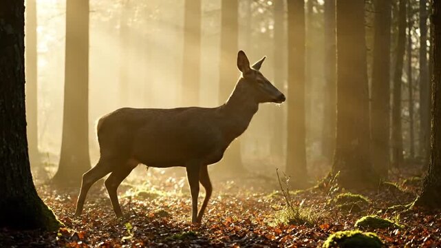 A graceful deer stands quietly in a misty forest during early morning sunlight.