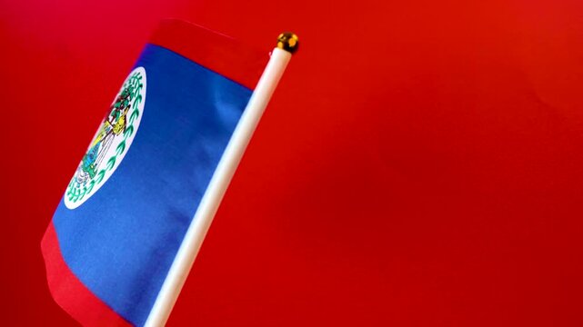 The footage captures the waving motion of the Belizean flag, emphasizing the Coat of Arms centered on a blue field with red borders. It serves as a tribute to the nation's logging history and cultural
