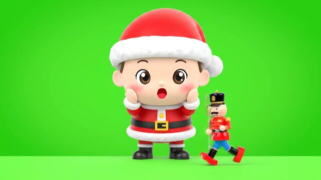 Festive 3D Cartoon Character in Santa Outfit Holding Nutcracker Isolated on Green Screen Background with Cheerful