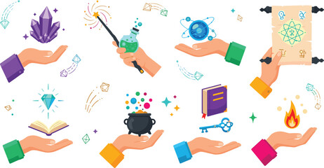 Collection of magic hands holding mystical items including crystal cauldron magic wand spell book scroll and flame flat vector © Bappi