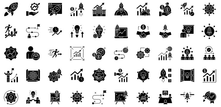 Business Accelerator glyph style icon collection. Vector illustrations. Startup Rocket, Fast Growth Arrow, Speedometer Success, Acceleration Gauge. Pro Vector
