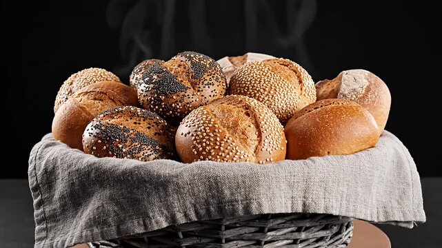Warm assorted bread rolls in a woven basket with steam