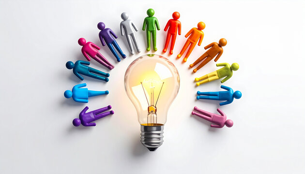 Colorful human figures surrounding glowing lightbulb on white background
