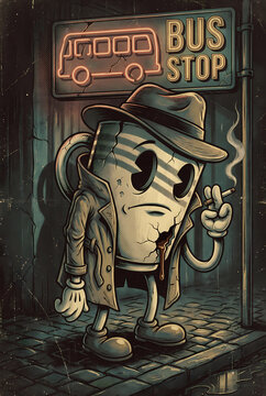 Retro Noir Coffee Mug Detective Character Smoking at Bus Stop, Vintage Cartoon Mascot Illustration