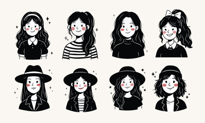 Collection of Eight Cute Monochrome Cartoon Female Avatars and Portraits