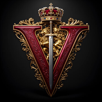 Letra V, espada, chapas, firmar, s&iacute;mbolo, dorada, soviet, divisa, escudo, rusia, medalla, fallo, arte, antique, corona, metal, uni&oacute;n sovi&eacute;tica, decoraciones, estrella, cresta, historia, vector, objeto