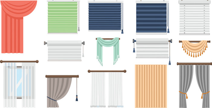 Window curtains and blinds vector collection featuring various styles including roller shades drapes valances and shutters for interior decor
