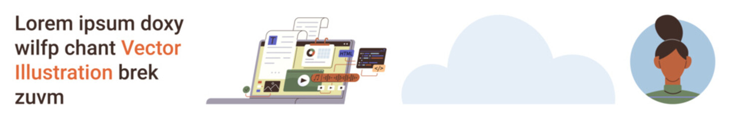 Digital collaboration, remote work, cloud storage, technology, virtual identity, communication. Workspace setup with text and avatar profile icons. Digital collaboration and remote work concepts