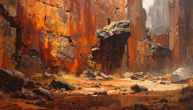 Abstract artwork of weathered walls with rough texture and warm colors