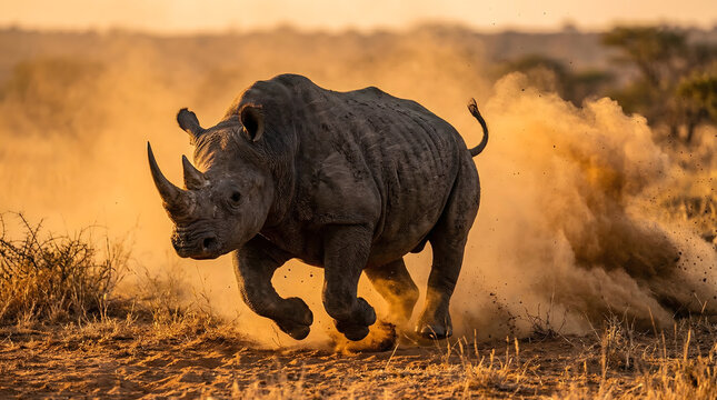 Majestic Rhinoceros Kicks Up Dust While Running Across an African Savanna.