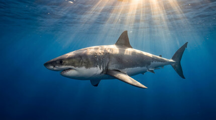 Fototapeta premium Powerful Great White Shark Gracefully Swims Underwater Illuminated by Beautiful Sun Rays