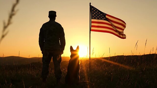 Soldier and dog watch American flag at sunset in a field, patriotic scene.