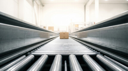 A single brown cardboard box sits centered on a long, automated conveyor belt inside a bright warehouse.