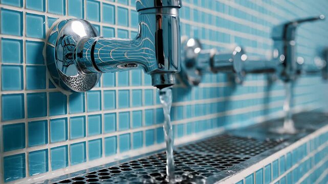 Water flows from chrome faucet in modern blue tiled bathroom