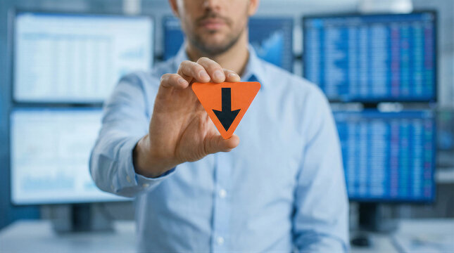 A businessman shows an orange down arrow sign with stock market data screens blurred in the background, indicating a market decrease.