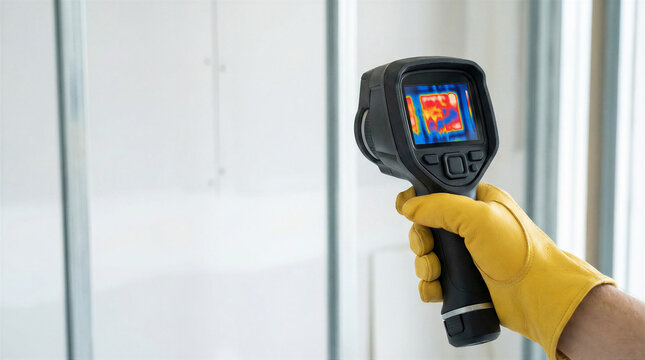 A gloved hand holds a thermal imaging camera detecting heat patterns on a white wall.