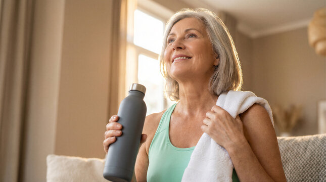 A happy senior woman holds a water bottle and towel after her exercise workout.