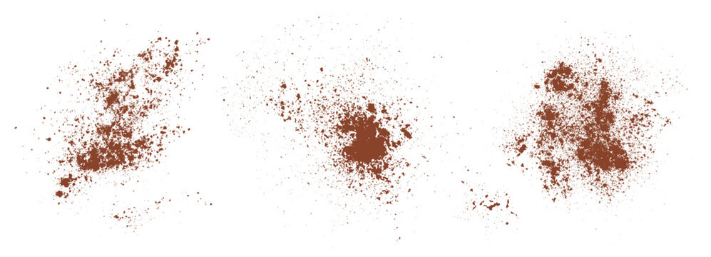 Brown spice dust particles with grunge texture. Overlay elements for food design. Horizontal set of cinnamon powder splatters isolated on white background.