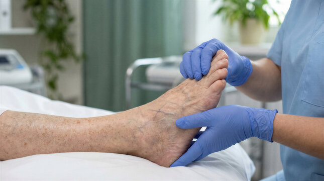 A medical professional wearing blue gloves gently examines and cares for an elderly patient's foot on a white bed.