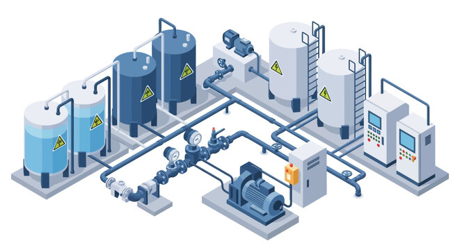Industrial water treatment plant with tanks, pumps, and piping system