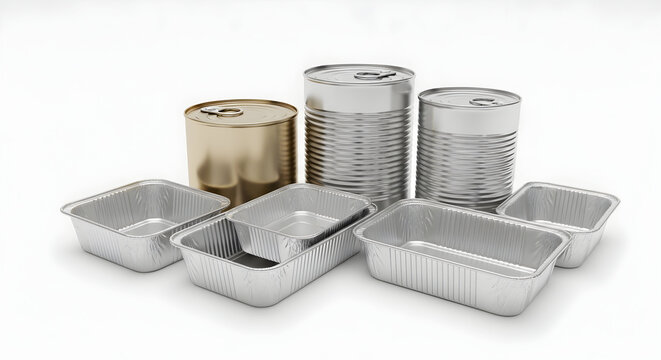 A collection of aluminum foil containers and cans on a white background, including rectangular baking dishes and cylindrical tins, perfect for food storage and presentation.