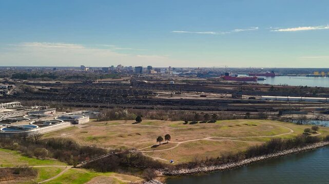 Aerial view of shipping containers and industrial port cranes on the Elizabeth River in Norfolk Virginia waterfront