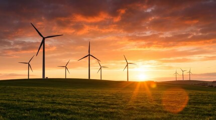 Fototapeta premium Silhouettes of wind turbines in a lush green meadow during a dramatic golden sunset, representing clean and renewable energy concepts