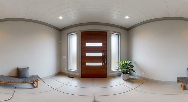 Modern home entrance with wooden door and large windows